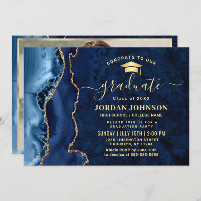 Modern Golden Navy Blue Marble Graduation Party Invitation (Front/Back)