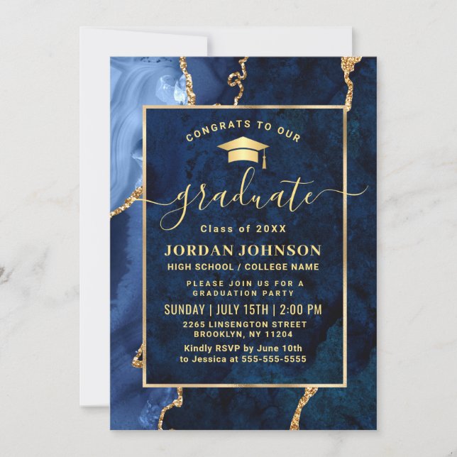 Modern Golden Navy Blue Marble Graduation Party Invitation (Front)