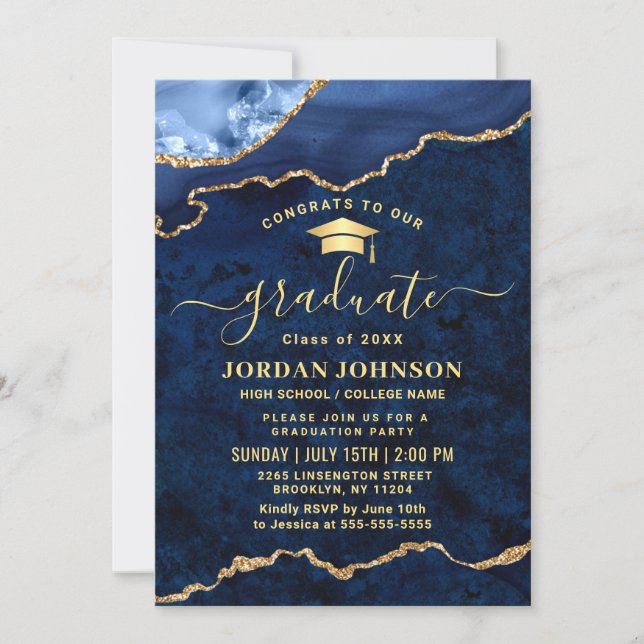 Modern Golden Navy Blue Marble Graduation Party  Invitation (Front)