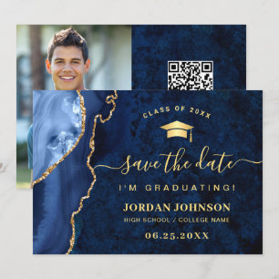 Modern Golden Navy Blue Marble Graduation QR Save The Date