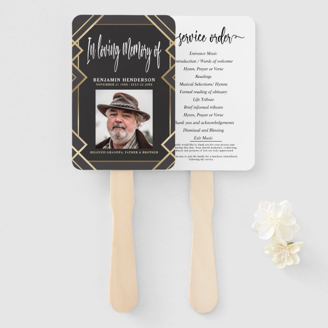Modern Golden Photo Funeral Program Hand Fan (Front and Back)