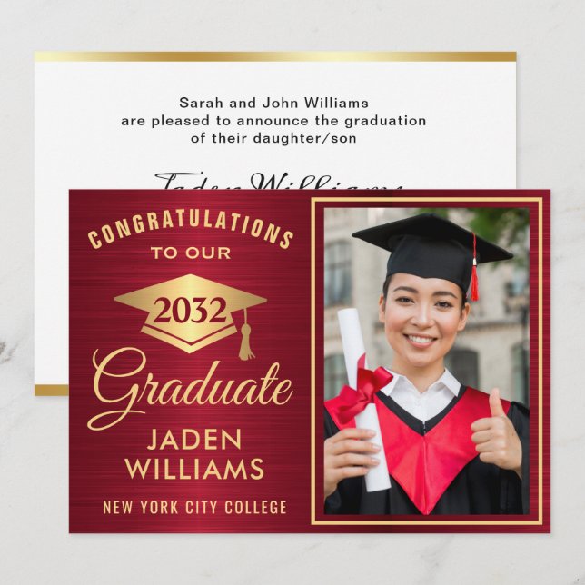 Modern Golden Red PHOTO Graduation Invitation (Front/Back)