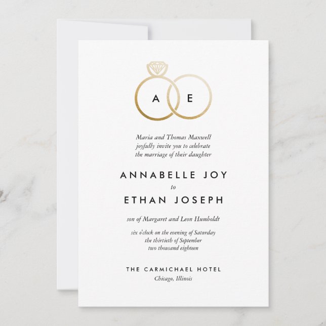 Modern Golden Rings Wedding Invitation (Front)