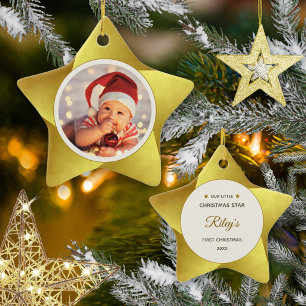 Modern Golden Star Baby First Christmas Photo Ceramic Ornament