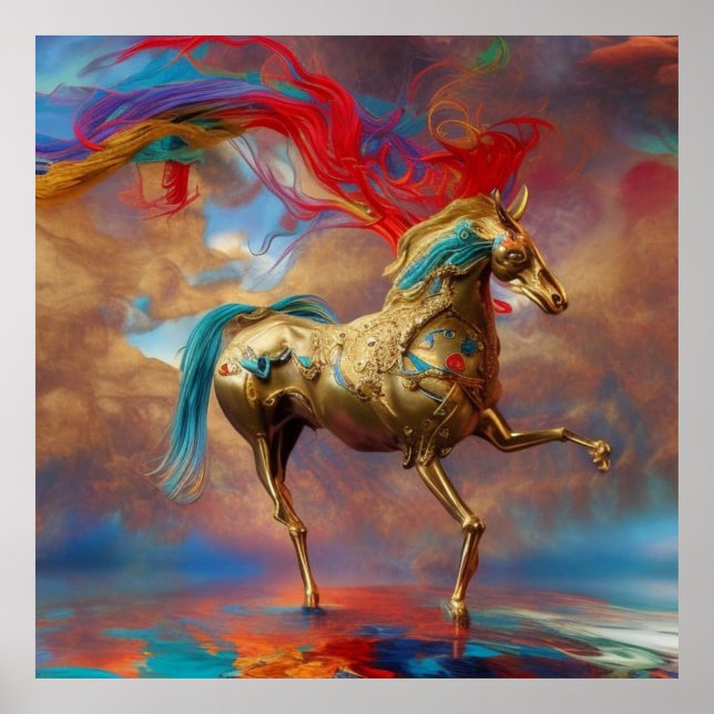 Modern Golden teal and red horse abstract  Poster (Front)