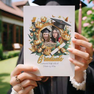 Modern Golden Tulips Border Graduation Invitations