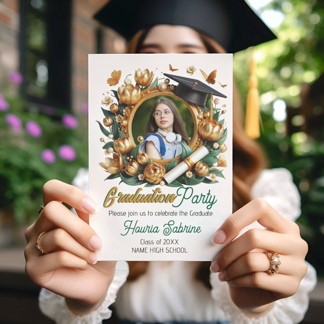 Modern Golden Tulips Border Graduation Invitations (Creator Uploaded)