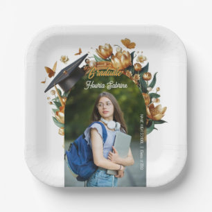 Modern Golden Tulips Floral Border Graduation Paper Plate