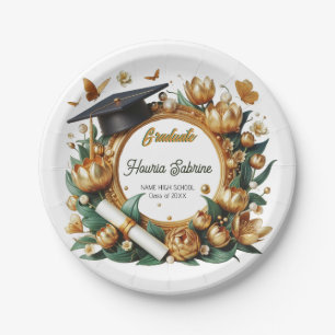 Modern Golden Tulips Floral Border Graduation Paper Plate