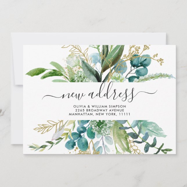 Modern Golden Watercolor Greenery Moving Announcement (Front)