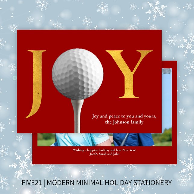 Modern Golf Joy & Peace Red Christmas Photo Holiday Card (Creator Uploaded)