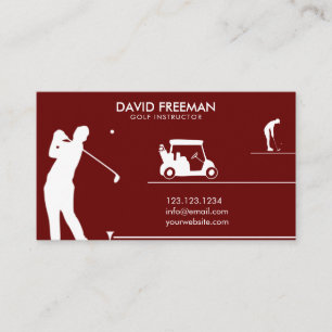 Modern Golfer & Cart Dark Red Golf Instructor Business Card