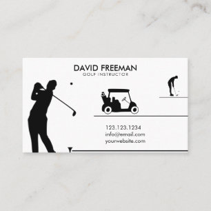 Modern Golfer & Cart White Golf Instructor Business Card