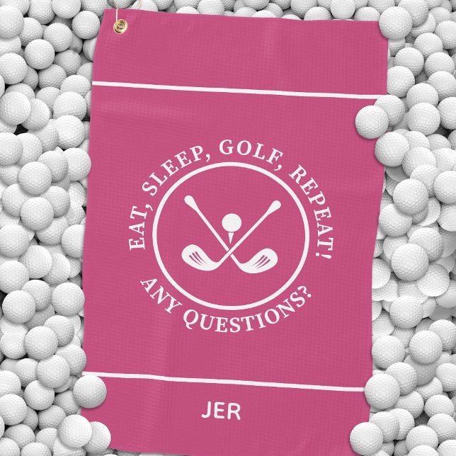 Modern Golfer Fun Sports Equipment Monogram Pink Golf Towel (Creator Uploaded)