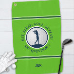 Modern Golfer Monogram Pro Sports Golf Green Blue Golf Towel<br><div class="desc">Modern design features a bright green background showcasing a realistic golf ball with a female golfer silhouette in dark blue accented with white & dark blue stripes. Fun golf quote text reads, "Eat, Sleep, Golf, Repeat! Any Questions" in dark blue typography. Customize with name, initials or short line of custom...</div>