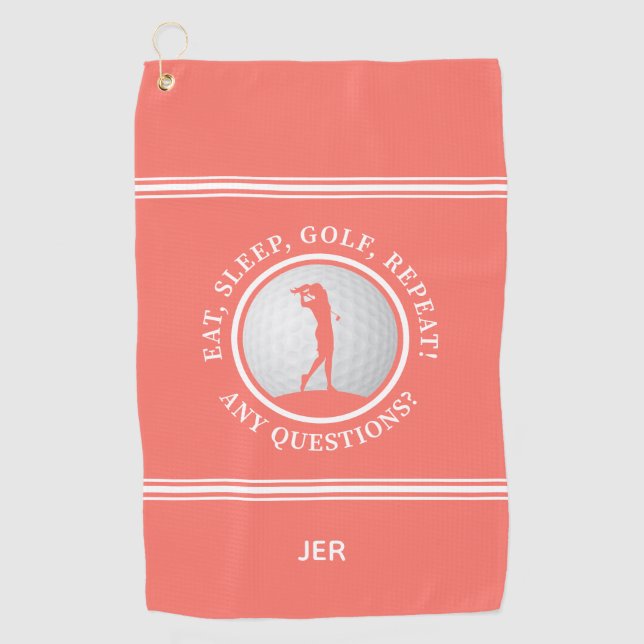 Modern Golfer Monogram Quote Sports Pro Golf Coral Golf Towel (Front)