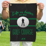 Modern Golfer Pro Sports Monogrammed Black Green Golf Towel<br><div class="desc">Life is better on the GOLF COURSE! Golf Sentiment Quote typography design has been added to classic black and green design with realistic golf ball image and putter silhouette. Color of background and fonts are easily changed in Zazzle's amazing design tool section. Be sure to check out our other color...</div>