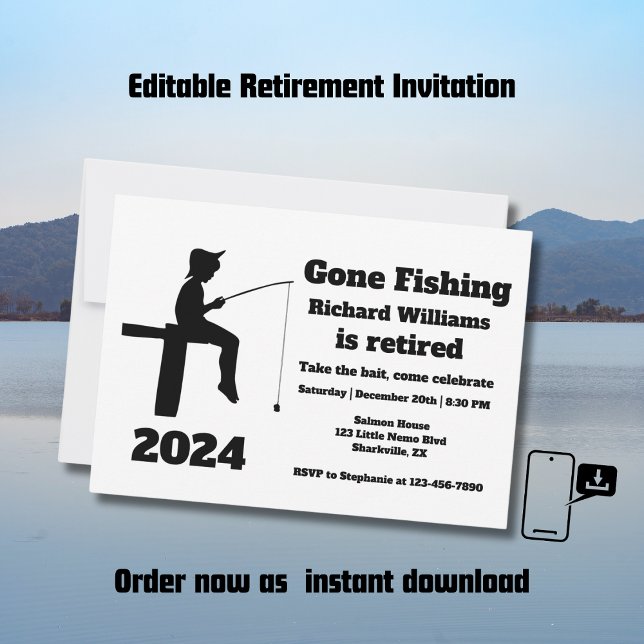 Modern Gone Fishing Retired Sitting Fisherman Invitation (Creator Uploaded)