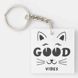 Modern Good Vibes Cat Face - Minimalist Feline Typ Keychain