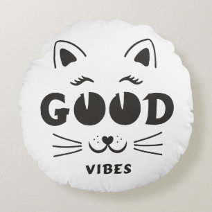 Modern Good Vibes Cat Face - Minimalist Feline Typ Round Pillow