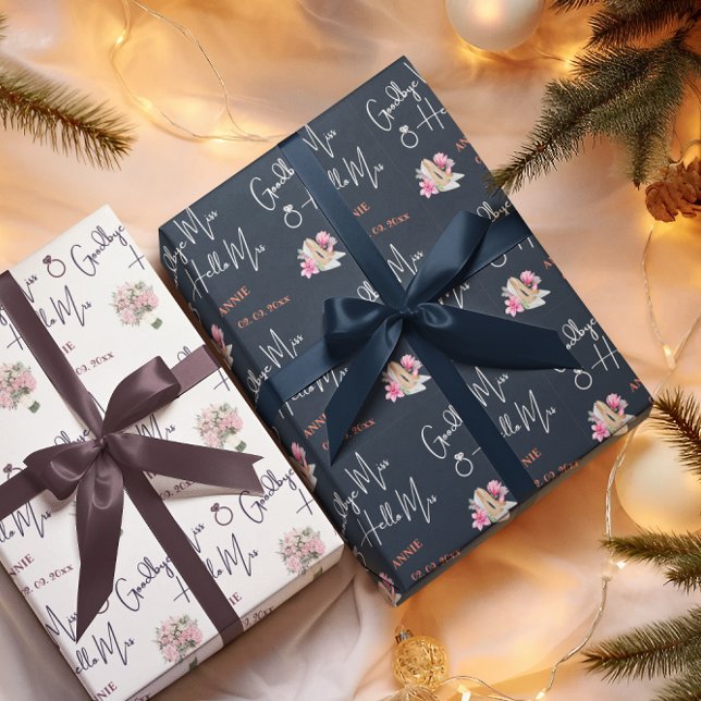 Modern Goodbye Miss Hello Mrs Blue Bridal Shower Wrapping Paper (Creator Uploaded)