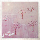 Modern Goose Orchard Landscape Art Tile<br><div class="desc">A flock of geese in an orchard of apple trees in spring.  A soft dreamy dusty pink landscape painting. Original art by Nic Squirrell.</div>