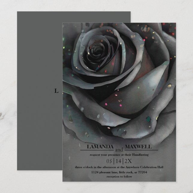 Modern Gothic Black Rose Moody Elegant Handfasting Invitation (Front/Back)