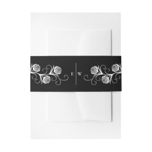 Modern Gothic Rose Swirls Black and White Wedding Invitation Belly Band