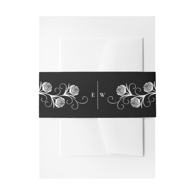 Modern Gothic Rose Swirls Black and White Wedding Invitation Belly Band (Front Example)