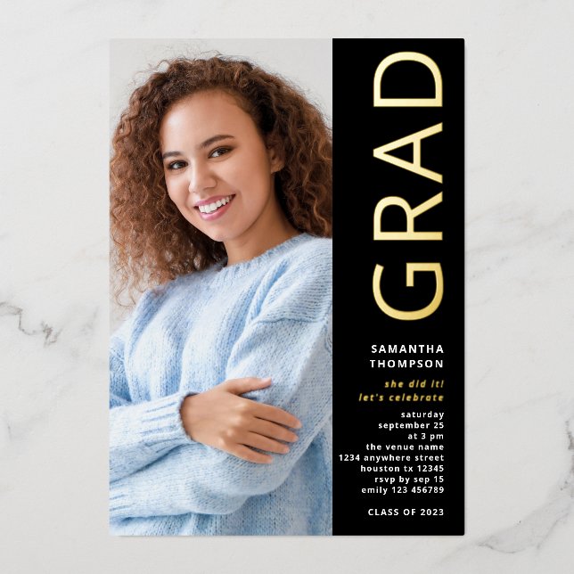 Modern Grad 2025 Photo Graduation Black Gold Real (Front)