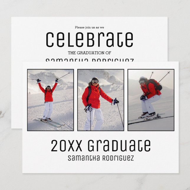 Modern Grad 3 Photo White Graduation Party Invite (Front/Back)