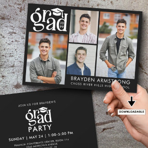 Modern GRAD 4 Photos Black White Invitation