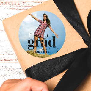 Modern Grad Black Typography photo Graduation Classic Round Sticker