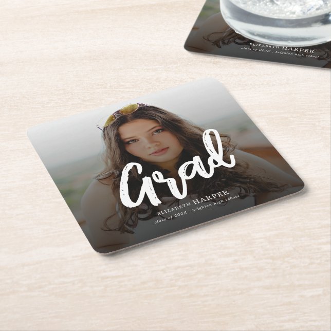 Modern Grad Brush Script Photo Graduation  Square Paper Coaster (Angled)