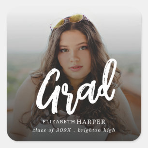Modern Grad Brush Script Photo Graduation  Square Sticker