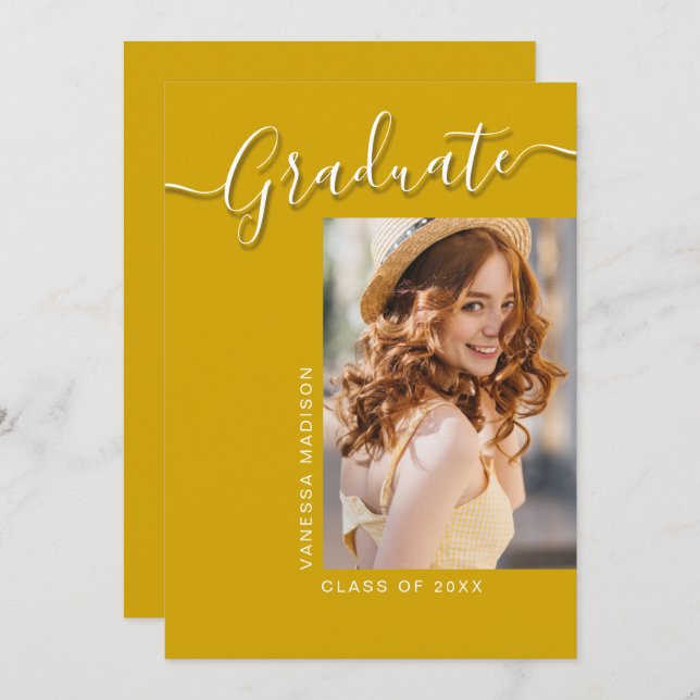 Modern Grad | Canary Yellow 1 Photo Elegant Script Announcement (Front/Back)