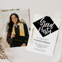Modern GRAD Cap Black Gold Photo Graduation Party