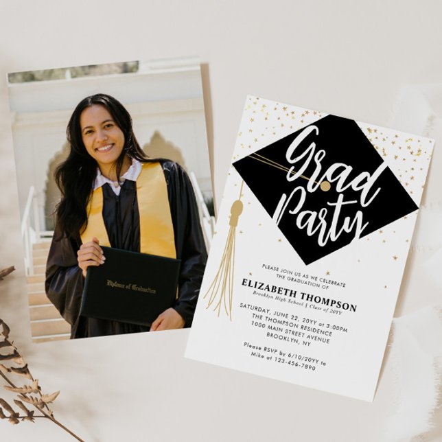 Modern GRAD Cap Black Gold Photo Graduation Party Invitation (Creator Uploaded)
