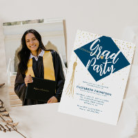 Modern GRAD Cap Blue Gold Photo Graduation Party