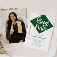 Modern GRAD Cap Green Gold Photo Graduation Party Invitation