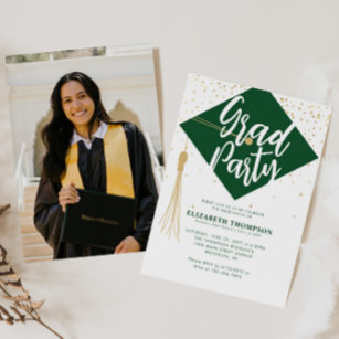Modern GRAD Cap Green Gold Photo Graduation Party Invitation