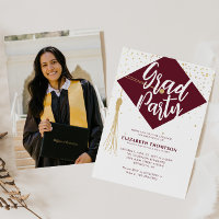 Modern GRAD Cap Red Gold Photo Graduation Party