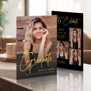 Modern Grad Cap Script 4 Photo Simple Graduation Invitation