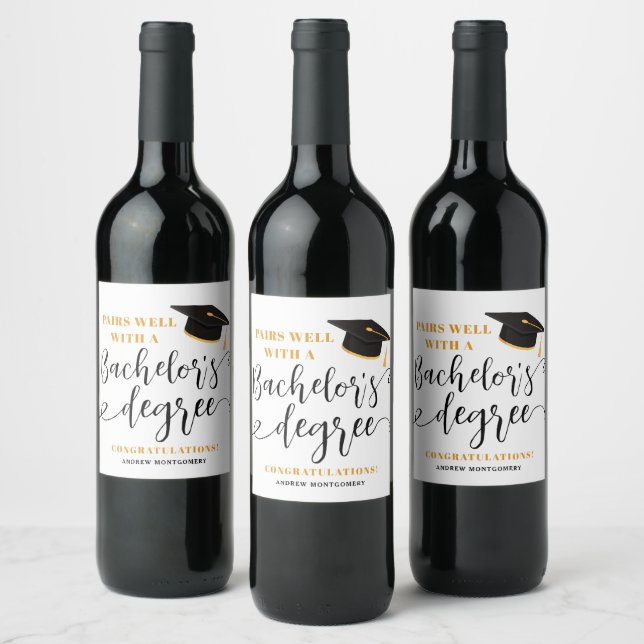 Modern Grad Cap Tassel Elegant Script Graduation Wine Label (Bottles)