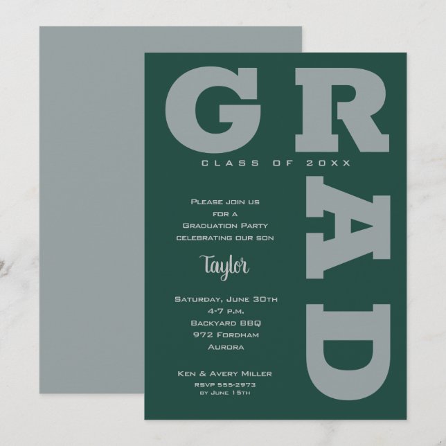 Modern GRAD Dark Green Grey Graduation Invitation (Front/Back)