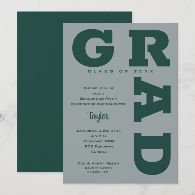 Modern GRAD Dark Green Grey Graduation Invitation (Front/Back)