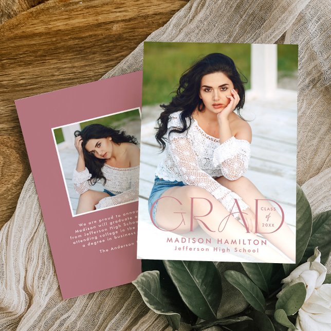 Modern Grad Dusty Rose Typography Photo Graduation Announcement (Creator Uploaded)