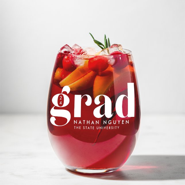 Modern Grad | Graduation Year & Name Stemless Wine Glass (Creator Uploaded)