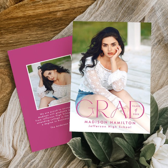 Modern Grad Magenta Typography 2 Photo Graduation Announcement (Creator Uploaded)