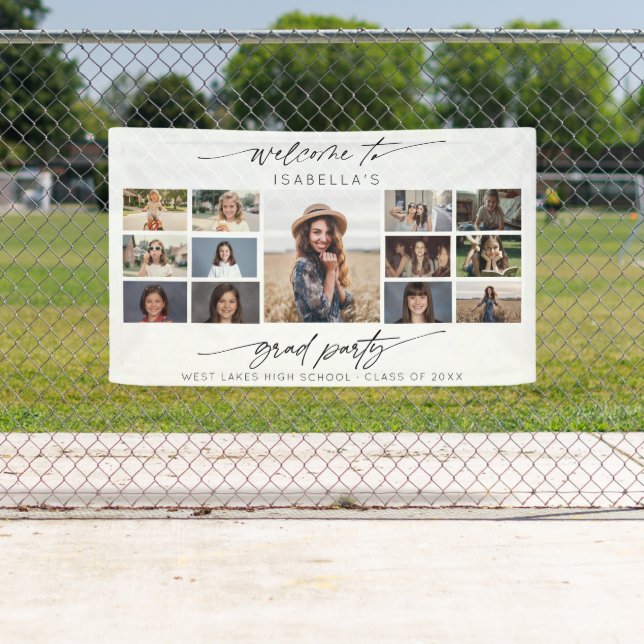 Modern Grad Party Welcome Script 13 Photo Collage  Banner (Insitu)